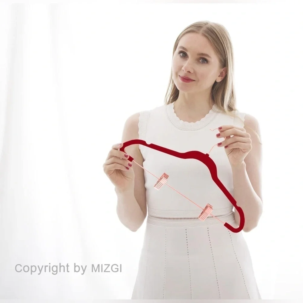 NEW Premium Space Saver Velvet Non-Slip Pants Hangers with Clips, 20 Red